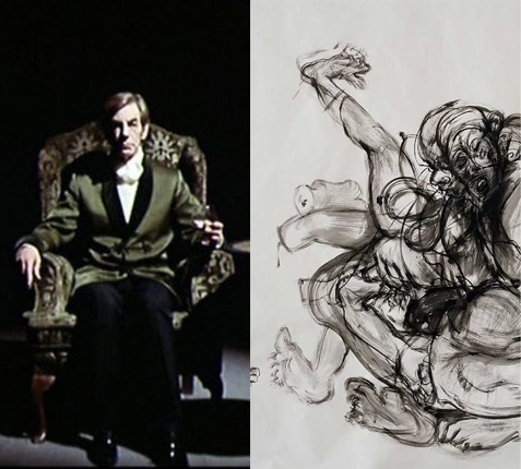 Clip from the Haunting of Hell House, detail from Lynn Schirmer: Burden, Amputation, I deliver my Head, acrylic and charcoal on paper, 2006